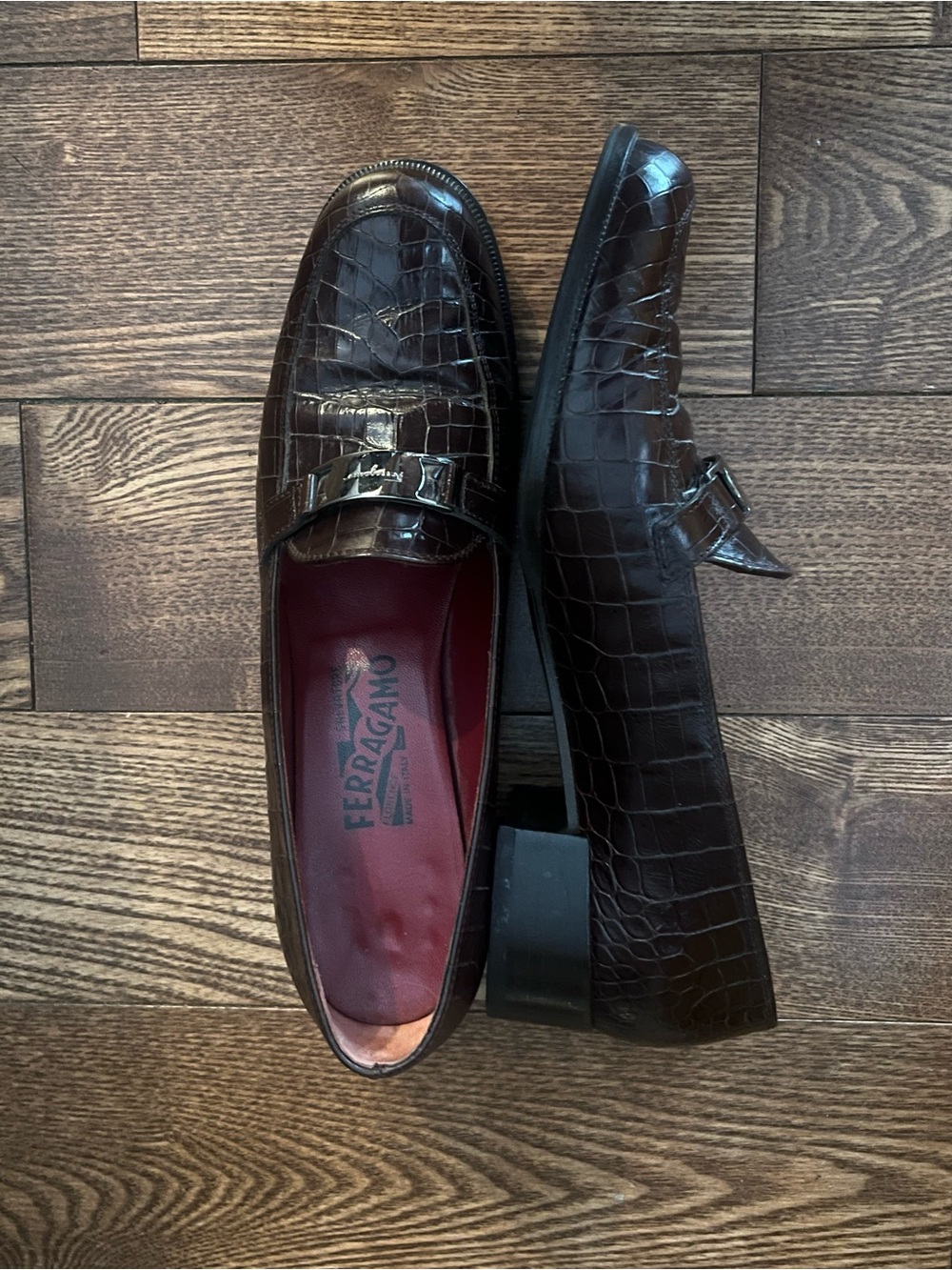 Salvatore Ferragamo Dark Brown Croc-Embossed Leather Bit Loafers